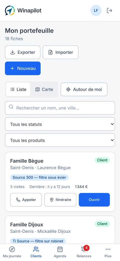 Le portefeuille de clients d'un commercial sur téléphone, avec appel et itinéraire en un geste