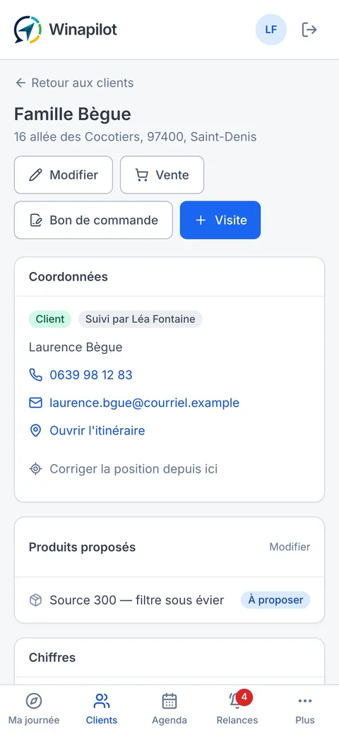 La fiche d'un client sur téléphone : coordonnées, itinéraire, produits proposés