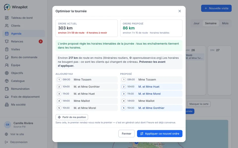 L'optimisation d'une tournée commerciale dans Winapilot : ordre actuel 263 km avec 3 horaires à revoir, ordre proposé 89 km avec des horaires tenables
